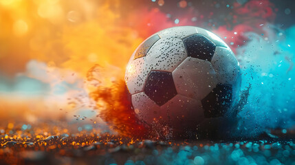 Soccer Ball with Water Drops in Orange and Blue Smoke - Realistic Image