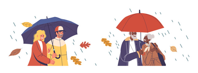Characters Of Different Generations Happily Enjoying Rainy Day Together Shielded By Colorful Umbrellas While Smiling