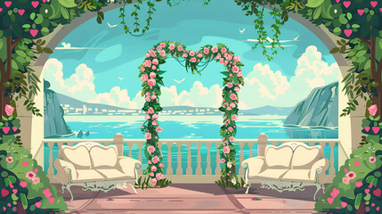 Elegant wedding photozone flat color vector illustrion