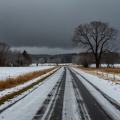 A snowstorm transitioning into freezing rain over a rural landscape, creating a mix of snow and rain that coats everything in a glistening, icy sheen