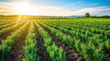 Fototapeta premium A field of medicinal herbs like rosemary and thyme, growing in neat rows under a bright blue sky, soft afternoon sunlight illuminating the plants