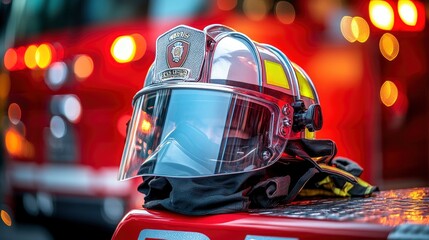 Fototapeta premium A firefighterâ€™s helmet with an attached visor, sitting on a truck step, glowing streetlight