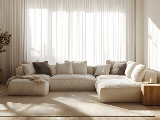 Cozy and inviting Scandinavian inspired modern living room featuring a large comfortable sectional sofa minimalist yet stylish decor bright daylight filtering through sheer curtains plush fabrics