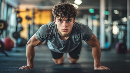 Teenage boy does push up exercise in gym. Portrait of curly haired guy in plank on free weights area