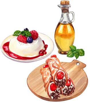 watercolor italian dessert, oil, basil, berries clip art preview