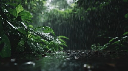 A forest floor covered in wet leaves, the sound of distant thunder echoing, cold rain falling