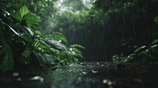 A forest floor covered in wet leaves, the sound of distant thunder echoing, cold rain falling