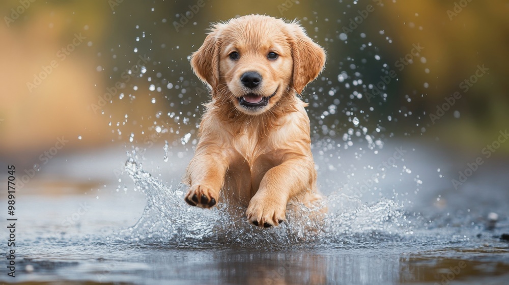 Poster a playful golden retriever puppy splashing in a puddle, capturing the exuberance and carefree spirit