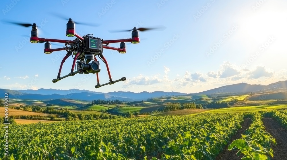 Poster a futuristic farming drone spraying crops with precision, advanced ai algorithms guiding its path, b