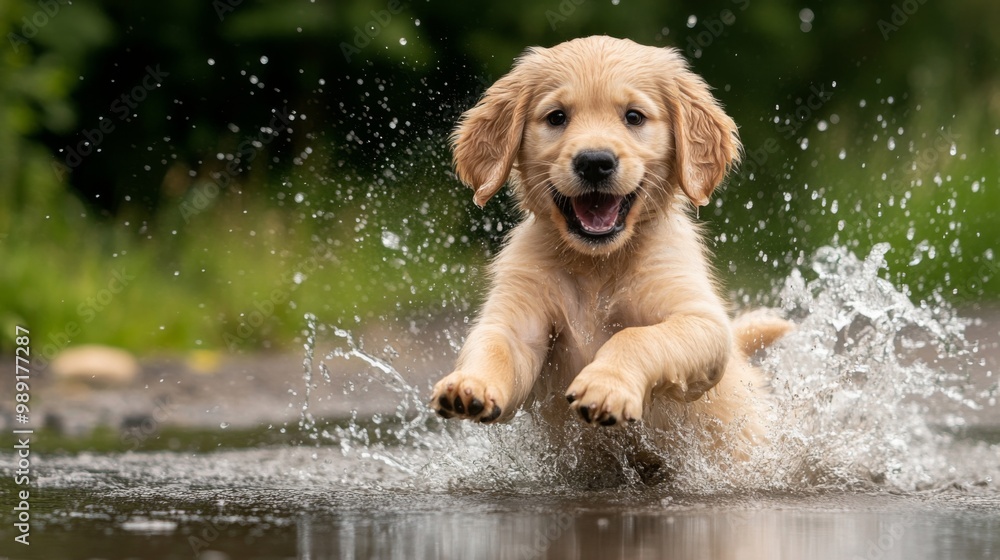 Poster a playful golden retriever puppy splashing in a puddle, capturing the exuberance and carefree spirit