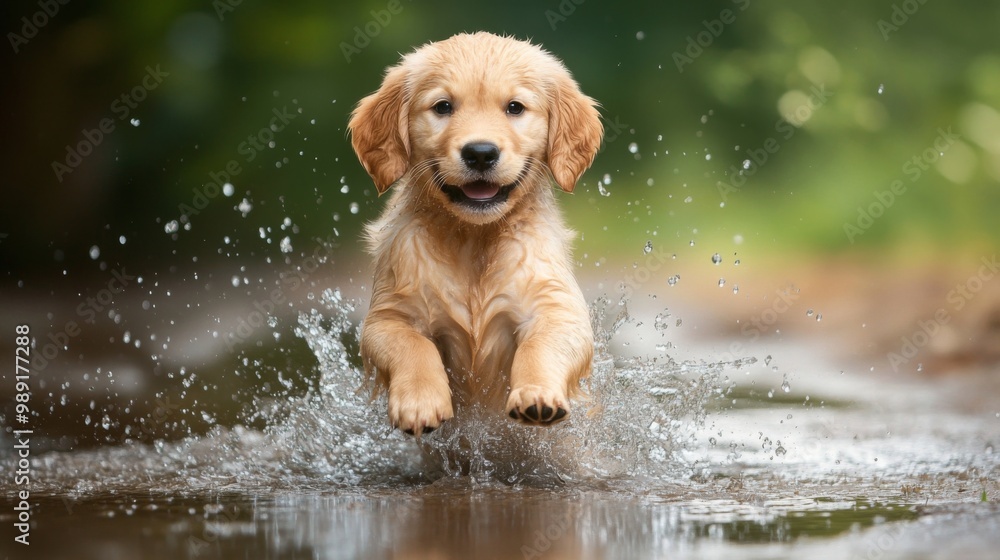 Poster a playful golden retriever puppy splashing in a puddle, capturing the exuberance and carefree spirit