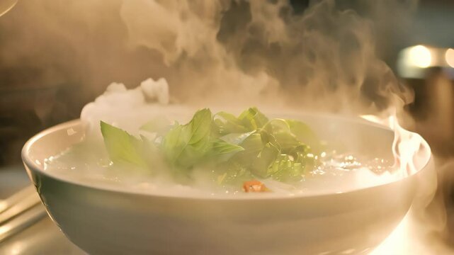 A steaming bowl of pho, garnished with fresh herbs and a red chili pepper, A steaming bowl of pho with fragrant herbs and spicy chili sauce