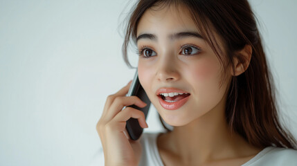 Focus on the face of beautiful woman who is happy, talking on the phone, the white background. Generative AI Illustration.