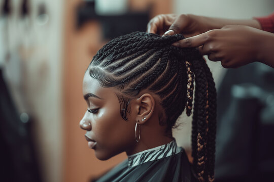 Close up skilled hairstylist is meticulously braiding hair of afro American female client in the barber salon. Black healthy hair culture and Style. Stylish therapy professional care concept.