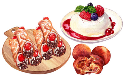 italian cannoli desserts italian food, watercolor painting hand-drawn illustration