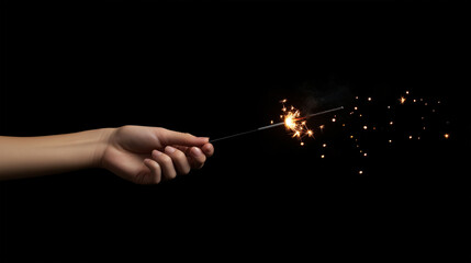 Fototapeta premium Hands holding fireworks against christmas lights in dark room. Happy New Year