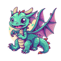 Fototapeta premium A cute, cartoon dragon with big eyes and wings spread out, smiling.