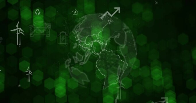 World, recycling and abstract with symbol by planet for eco friendly, conservation and global sustainability. Green, icon and hologram with environment for renewable energy, earth or waste management