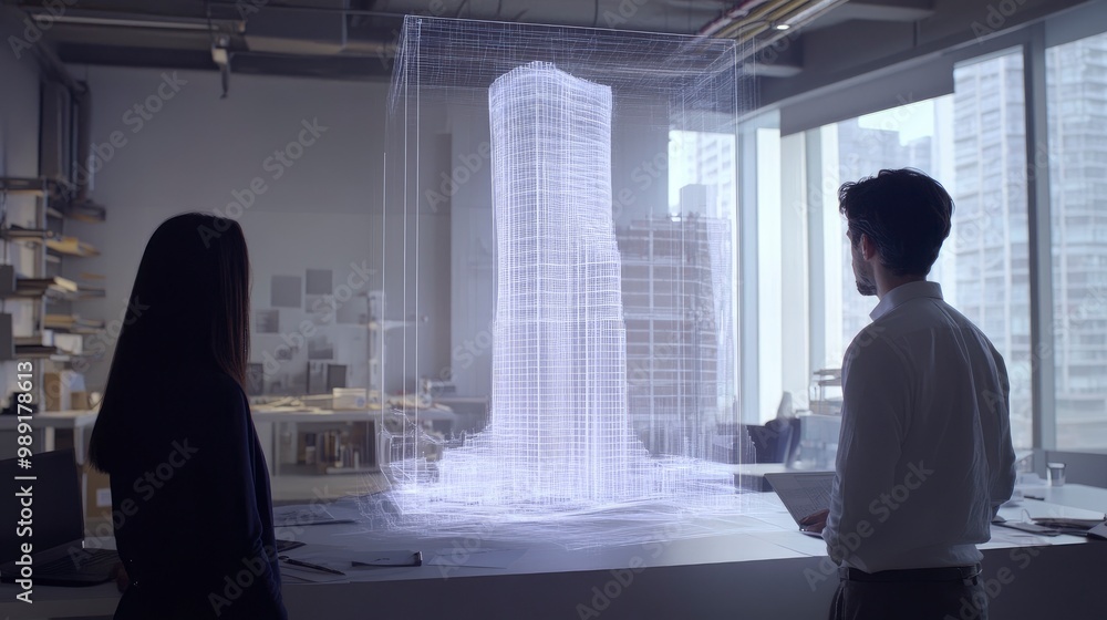 Poster a holographic display projecting a 3d model of a building, architects collaborating in a brightly li