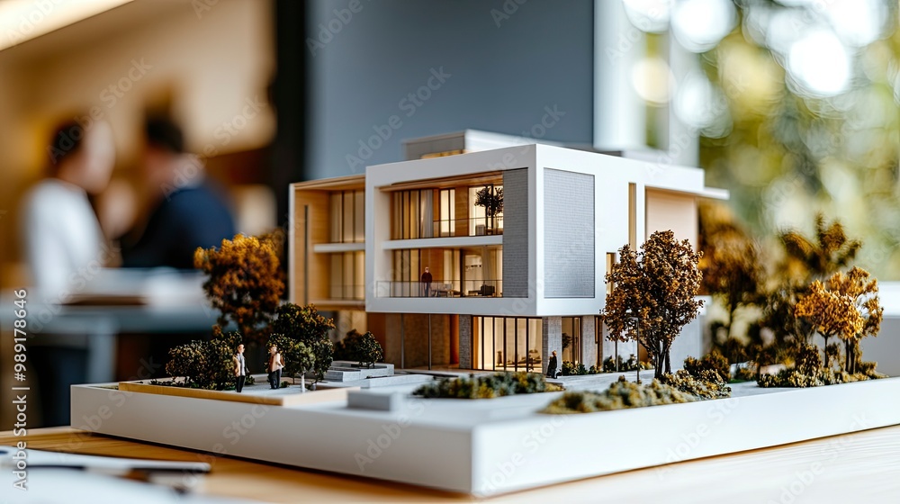 Poster a holographic display projecting a 3d model of a building, architects collaborating in a brightly li