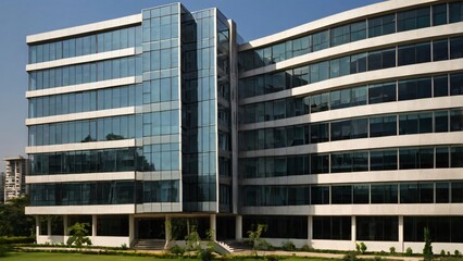 A modern Indian office building with glass windows and sleek architecture. Employees in suits work on computers and attend meetings.