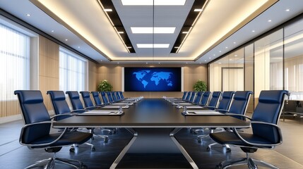 A holographic conference call with participants from around the world, futuristic office setting with soft ambient lighting
