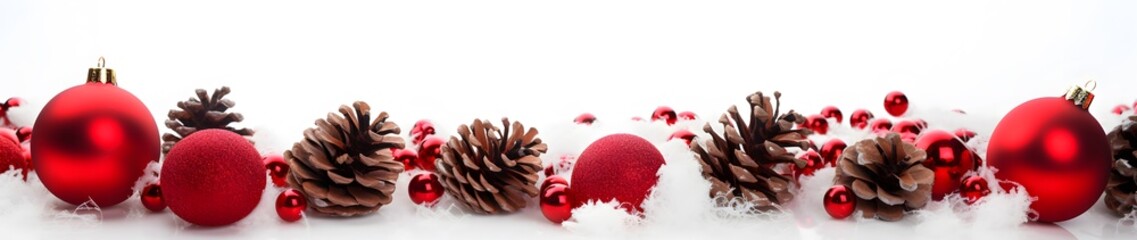 Red Christmas Ornaments and Pine Cones on Snow