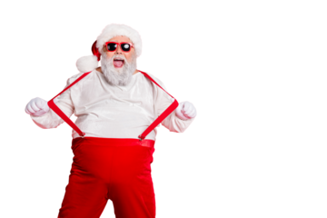 Portrait of funny fat overweight santa claus with big belly abdomen forever young touch his suspenders scream fool wearing trousers pants isolated over red background
