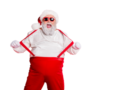 Portrait of funny fat overweight santa claus with big belly abdomen forever young touch his suspenders scream fool wearing trousers pants isolated over red background