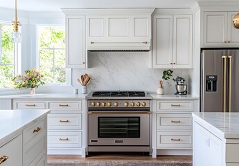 Modern Kitchen with White Cabinets and Brass Hardware