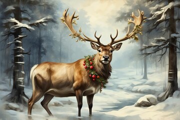 Portrait of a Christmas Reindeer, holiday winter seasonal nature theme concept texture design illustration. 
