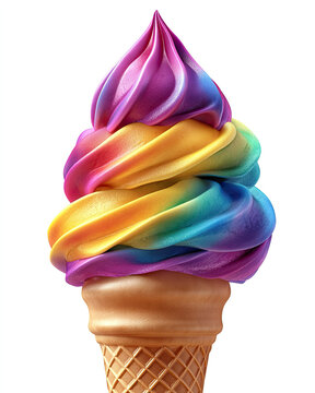 Colorful rainbow swirl ice cream cone on a white isolated background.