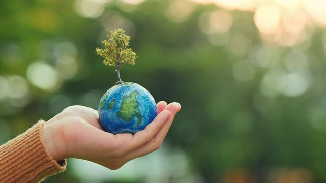 World environment day, B roll - hands of woman holding globe with tree on green tree bokeh background, ecology concept, earth day, Better Environment, copy space.