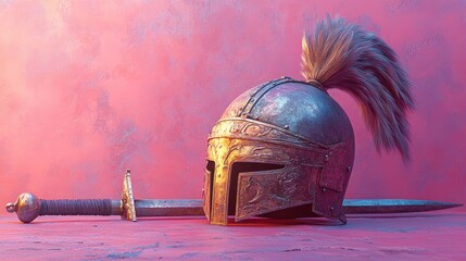 A knightâ€™s helmet with a raised visor, leaning on a lance, cold dawn light