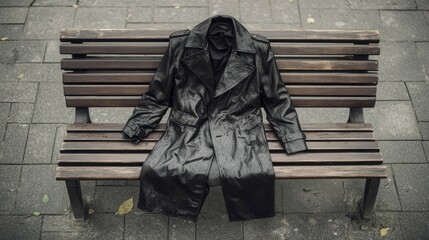 Naklejka premium A leather trench coat with water droplets, lying on a park bench, cool rainy evening light