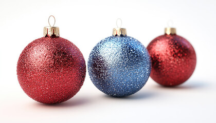 Three festive glittery Christmas ornaments in red and blue.