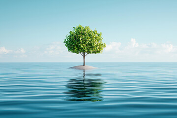 Tree standing alone in calm water, blue sky backdrop, serene nature.