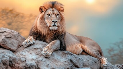 Obraz premium A majestic lion sitting atop a rocky outcrop, overlooking the savannah as the golden sun sets in the background