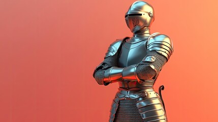 Fototapeta premium A medieval suit of armor with a raised visor, standing on a display rack, dim castle lighting