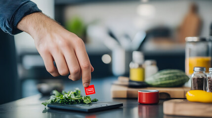 Close-up of hand holding small red allergen-free label on food package, highlighting importance of allergen awareness and safety in food consumption.