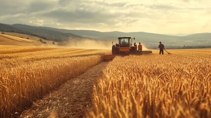 Obraz premium Farmers collect harvest in expansive wheat field under bright blue sky and sunshine