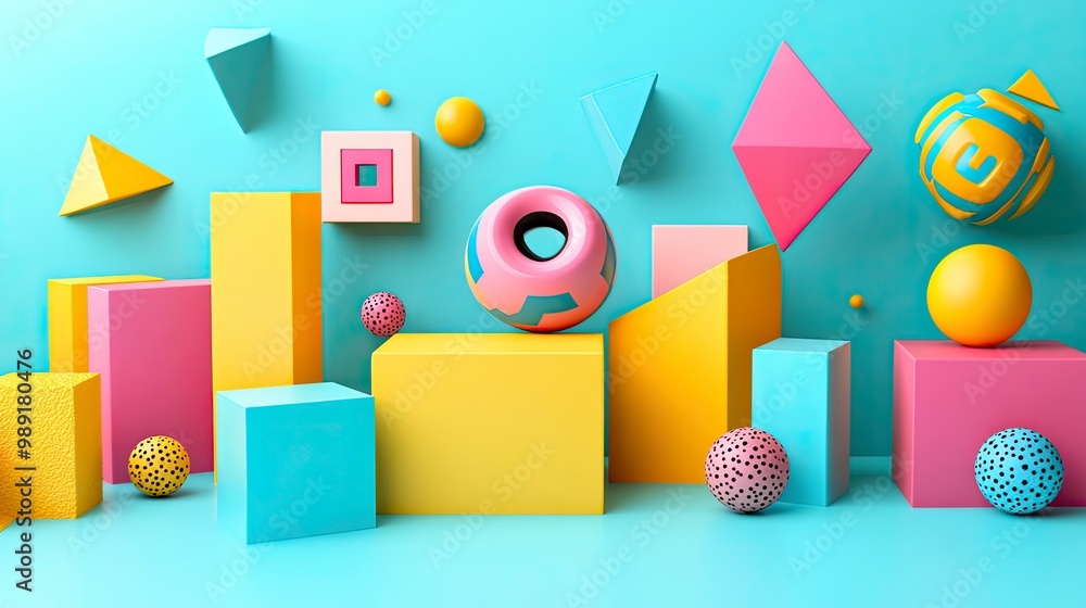 Poster a minimalist desktop with abstract geometric shapes in pastel tones, clean lines and smooth gradient