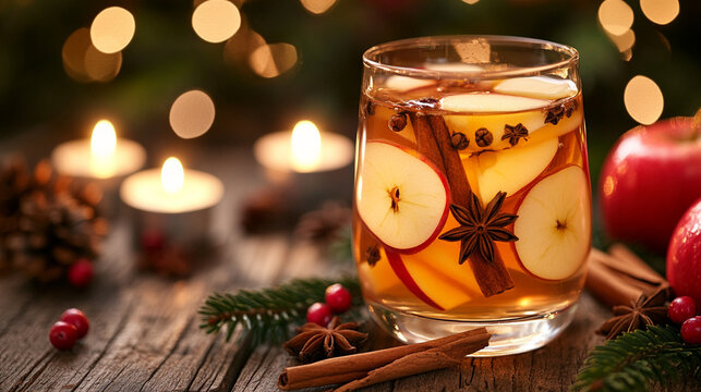 
A warm glass of wassail with apple slices, cinnamon sticks, and star anise, set on a festive holiday table with a Christmas tree in the background.