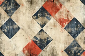 Tribal Aztec pattern with a beige base and muted red and blue diamond shapes The design should have a distressed, vintage look with a soft, subdued color palette