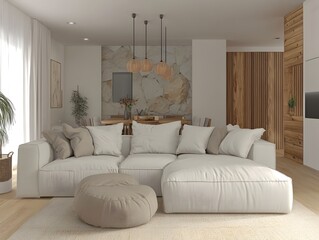 A 3D rendered image of a cozy and inviting modern living room featuring a large comfortable sectional sofa minimalist and stylish decor natural wood and stone accents and a calming and relaxing vibe