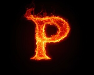 Letter P in fire effect on a dark background, fiery text