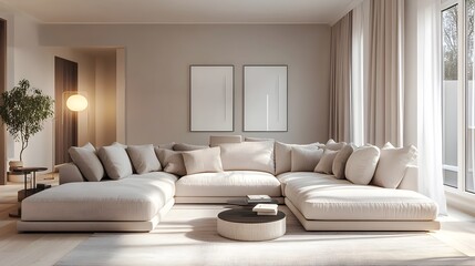 Fototapeta premium Cozy and Inviting Modern Living Room with a Large Comfortable Sectional Sofa and Minimalist Stylish Decor the Bright and Welcoming Space Filled with Natural Illumination and a Clean