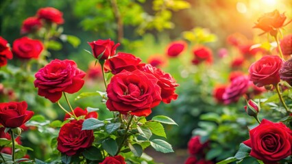 Beautiful red roses blooming in a lush garden