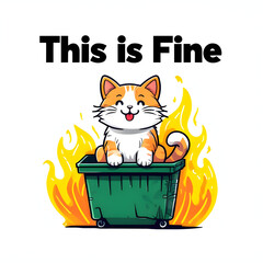 Happy Cat In Green Dumpster With Flames And 'This Is Fine' Text,generative ai