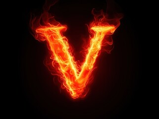 Letter V in fire effect on a dark background, fiery text